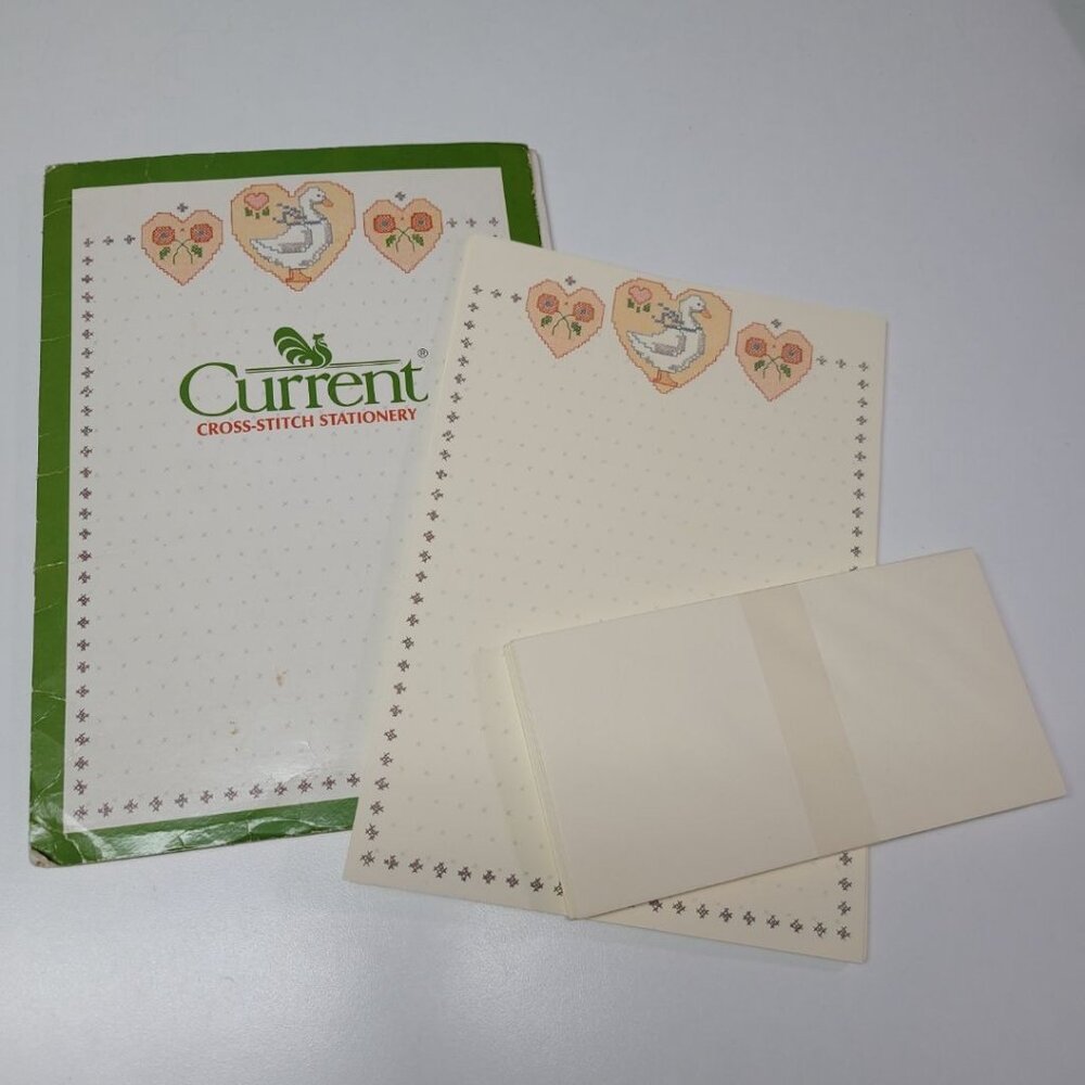 Current Blue Goose Cross Stitch Stationary‎ Set Vintage Beige Granny